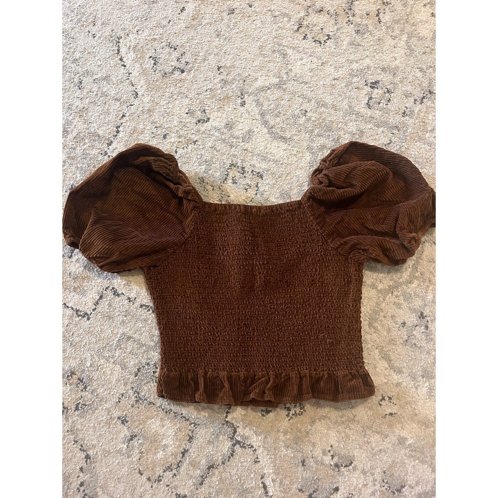 Smocked Crop Top Brown Corduroy Puff Sleeve 70s Retro Boho Chic Cottage Core M